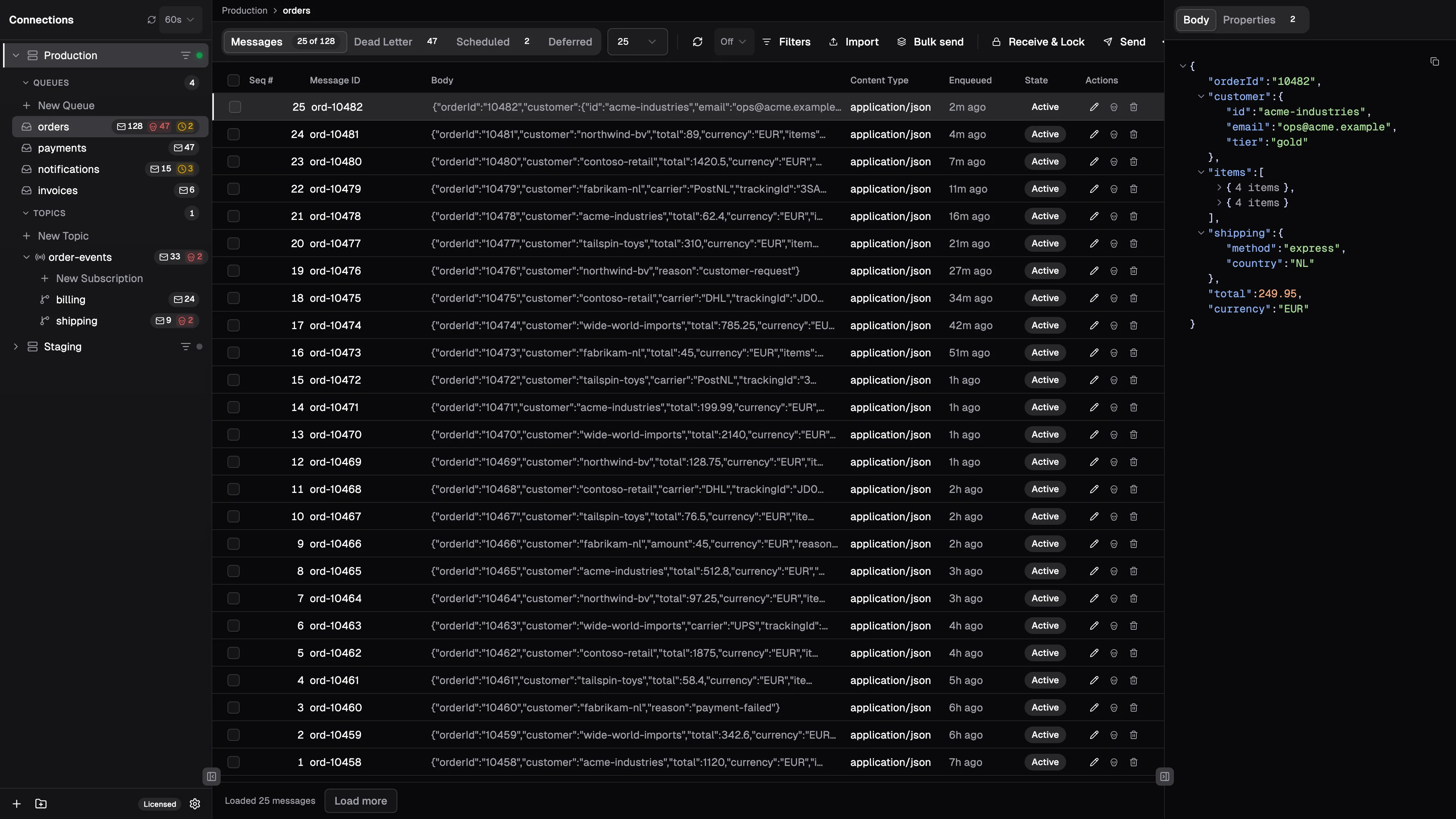 Fumiq showing a namespace in the sidebar, the orders queue with its peeked messages, and the JSON body of the selected message in the detail pane