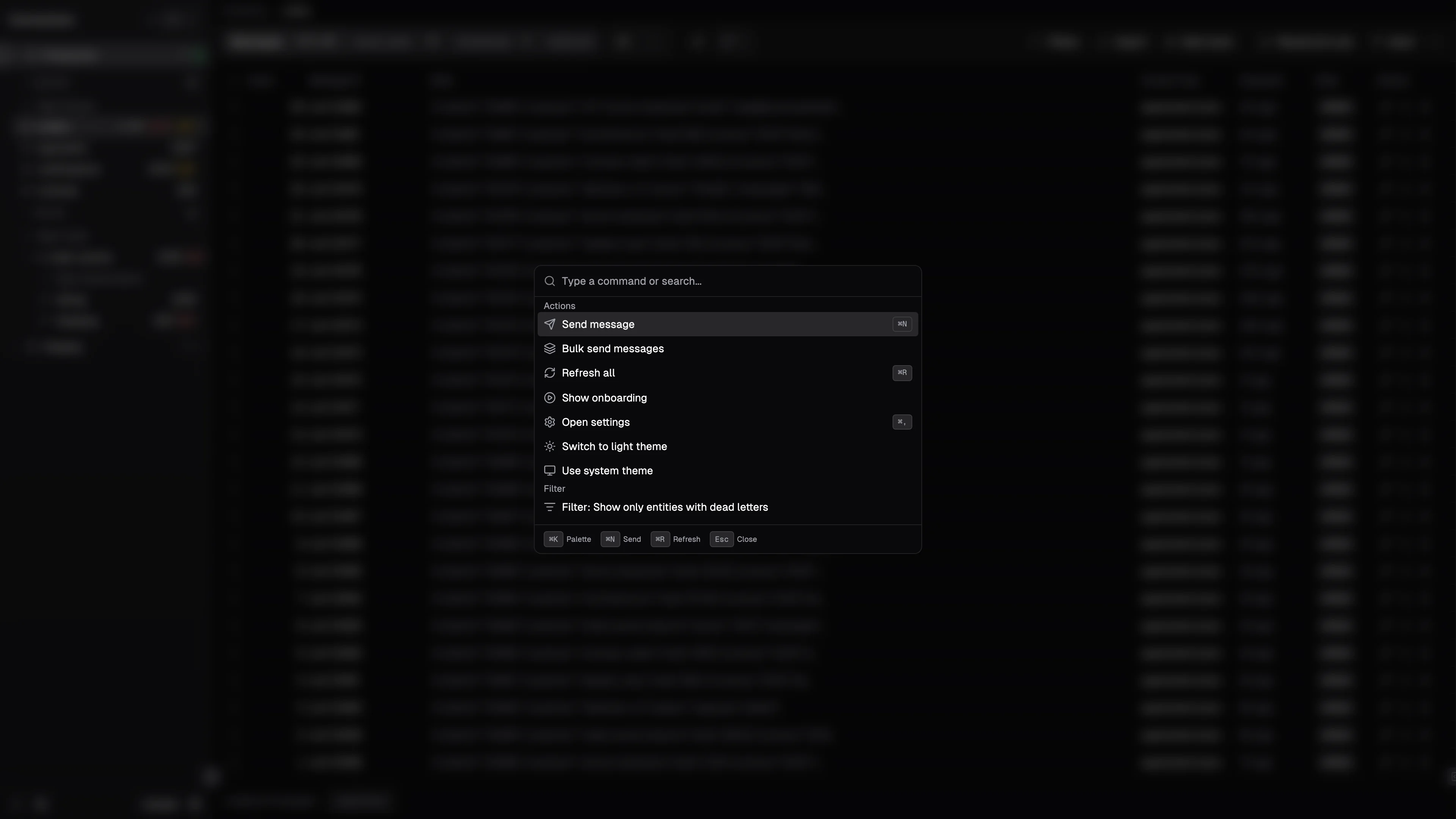 Fumiq's command palette open over the message list, listing actions such as Send message, Bulk send messages and Refresh all with their keyboard shortcuts