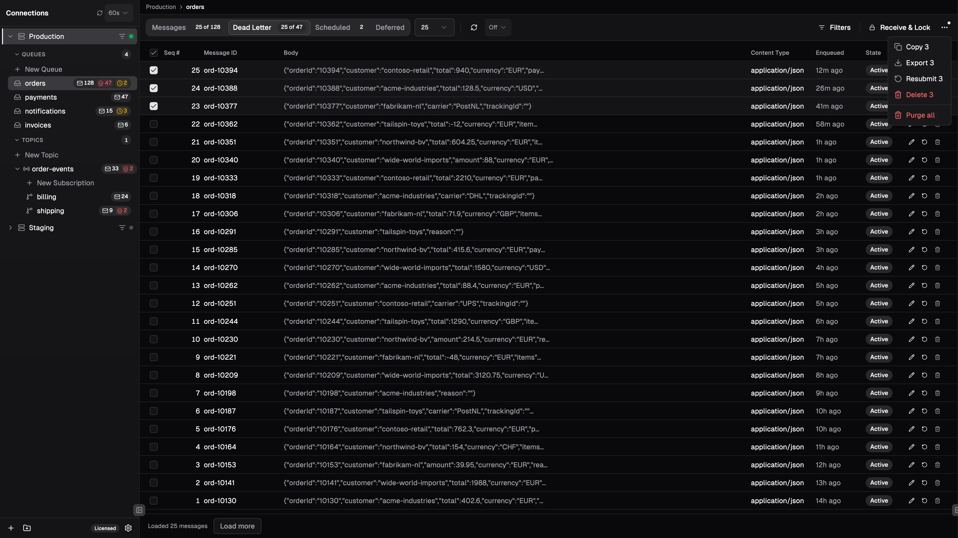 Fumiq showing the dead-letter tab of the orders queue with its failed messages, some of them selected, and the actions menu open on Resubmit