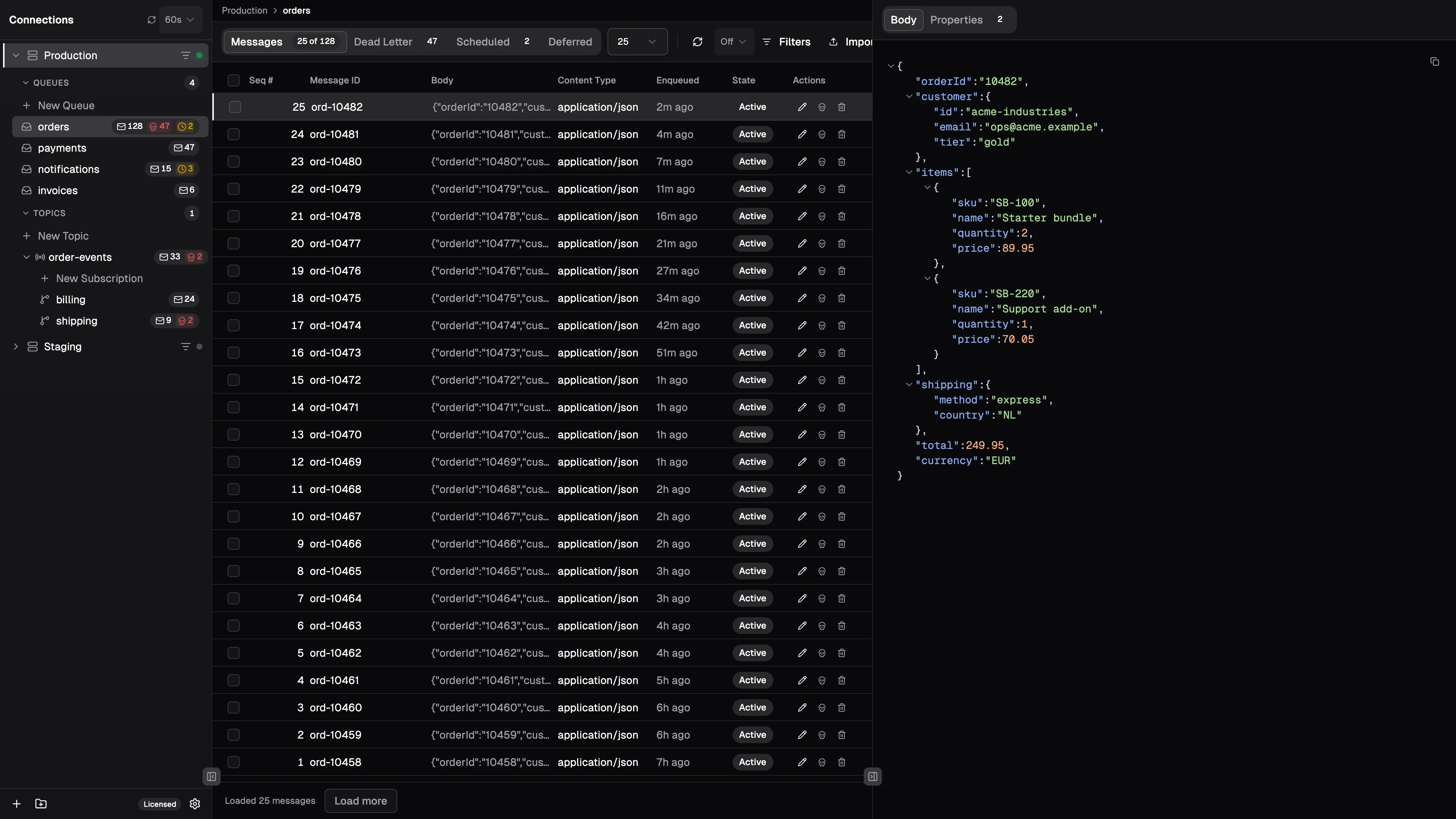 Fumiq showing a selected order message with its JSON body expanded and syntax highlighted in the detail pane