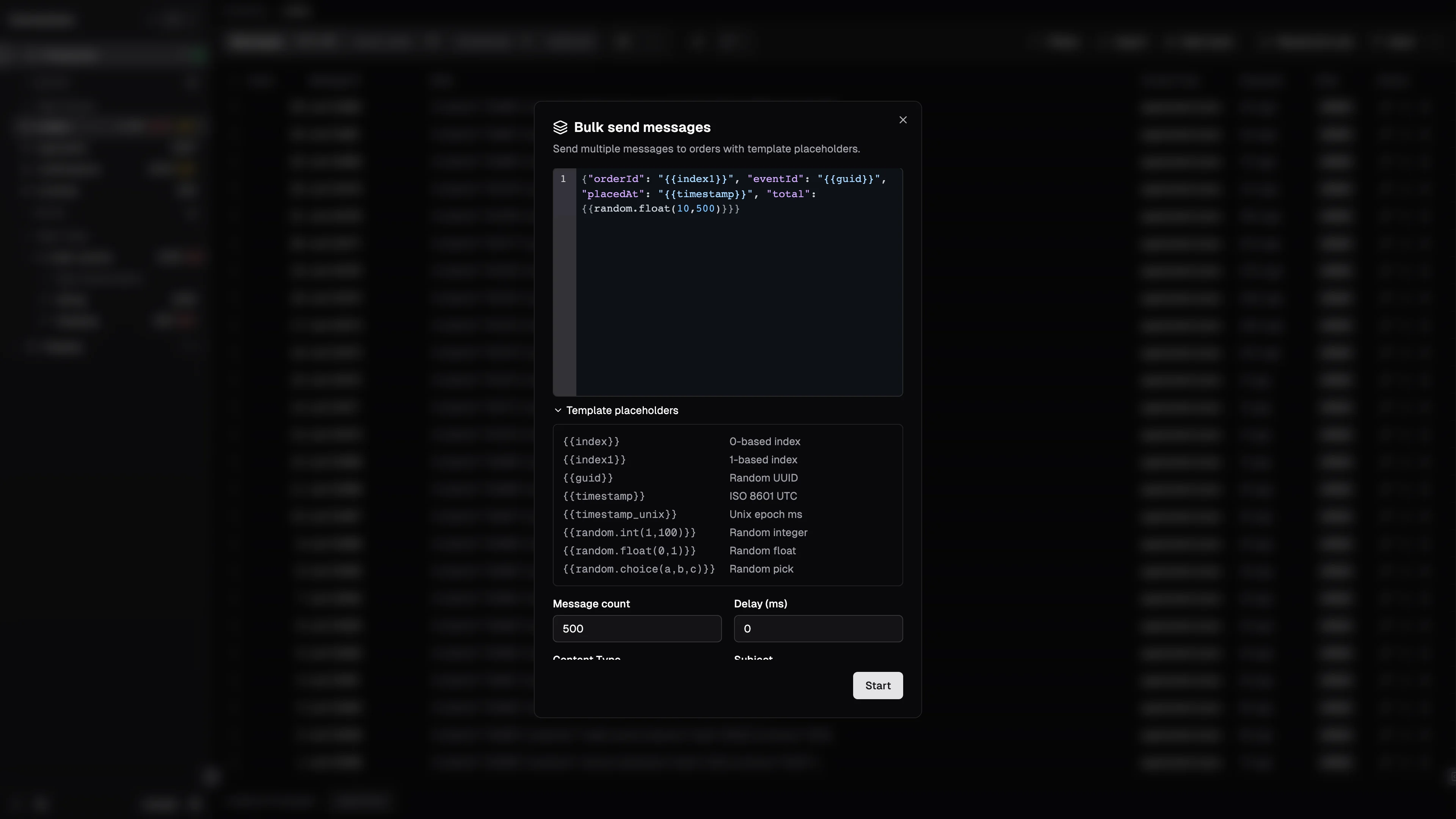 Fumiq's bulk send dialog holding a JSON body template with index, GUID and timestamp placeholders, set to send a batch of messages