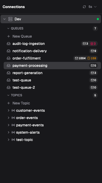 Fumiq sidebar showing queues, topics, and subscriptions with message counts