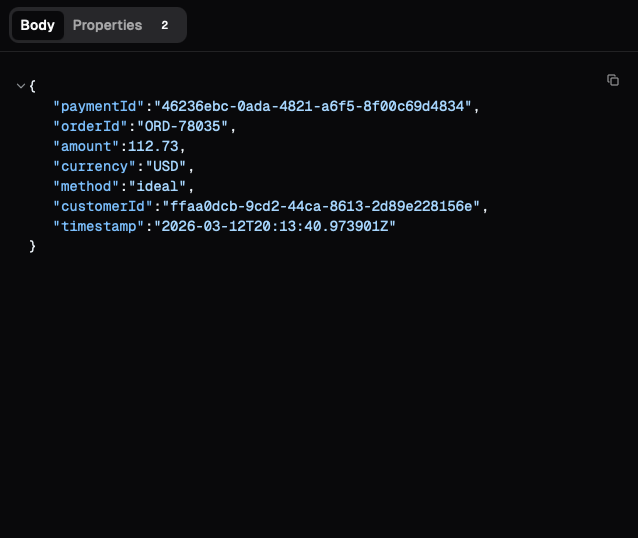 Fumiq message detail panel with syntax-highlighted JSON body